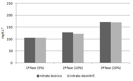 196 Em relação à capacidade de desnitrificação, as Figuras 90 e 91 apresentam gráficos comparativos entre a concentração de nitrato teórica, em função da quantidade de NTK afluente passível