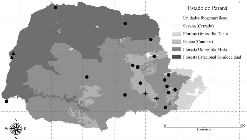 226 Bochorny, T.; Monteiro, S.H.N. & Smidt, E.C. Figura 2 Mapa da distribuição geográfica de Galeandra no estado do Paraná: ( ) G. beyrichii; ( ) G. styllomisantha; (+) G. paraguayensis; ( ) G.