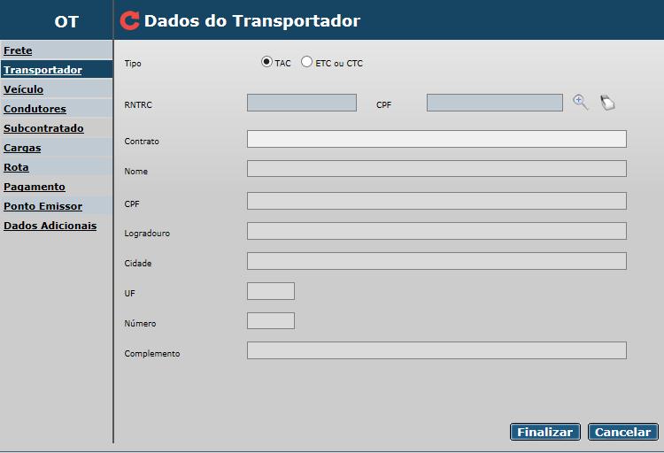 Para adicionar um Transportador, escolha o tipo entre TAC ou ETC ou CTC; informe seu RNTRC e CPF ou CNPJ e clique em automaticamente preenchidos.