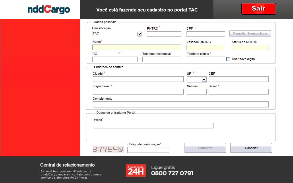 será encaminhado ao Portal TAC para cadastro de um Transportador. Preencha todos os campos e clique em Cadastrar.