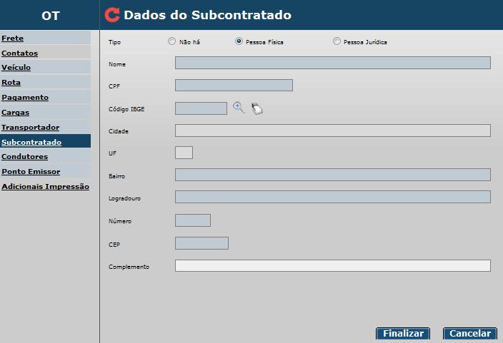 A seguir será abordada a forma de cadastro da carga para cada tipo de viagem.