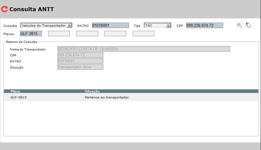 Selecione um tipo de Consulta, informe RNTRC, Tipo do transportador e CPF, e Também é possível consultar a situação dos