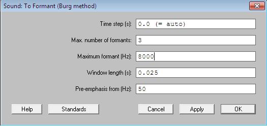 Utilizando o Praat para obtenção dos Formantes 59 Figura B.3 Configuração do método de extração dos formantes. Time step (s): Define o intervalo entre os segmentos a serem analisados.