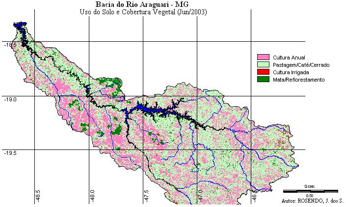 maior expressão na área da bacia, estão as categorias mata, reflorestamento, cultura anual (milho, soja, etc.), cultura irrigada, pastagem, café e corpos d água.