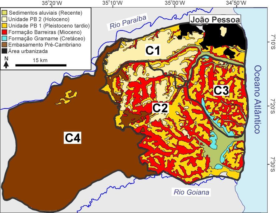 O estudo se concentra na porção central emersa da Bacia Paraíba (Figura 2) e área do embasamento precambriano adjacente. Na bacia sedimentar, em superfície, as unidades sedimentares (Rossetti et al.