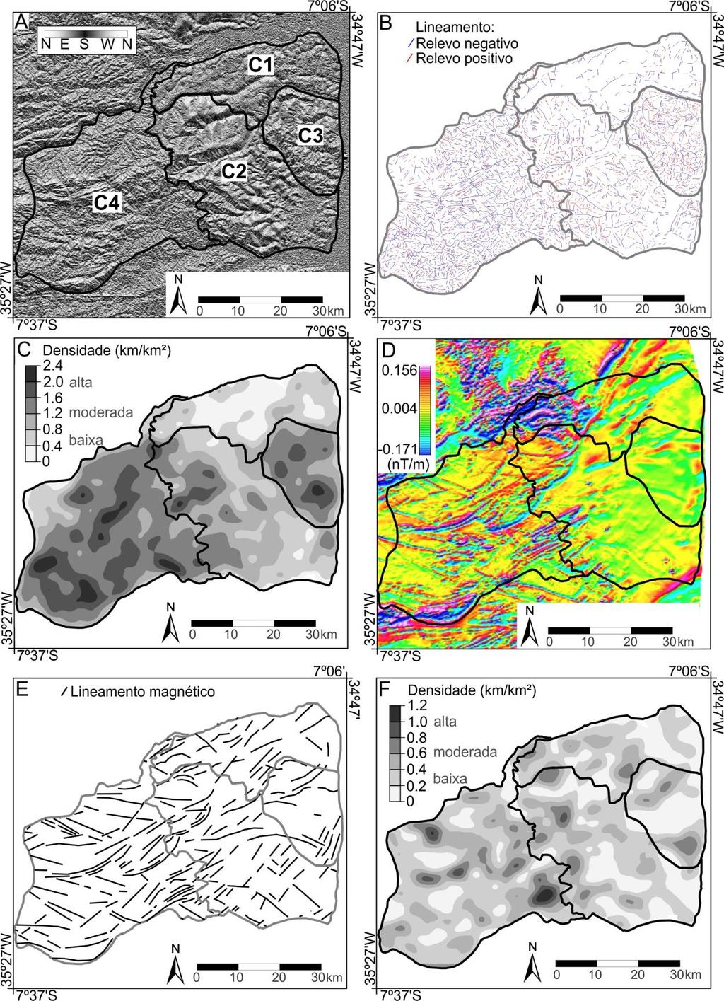 Figura 4. Distribuição de lineamentos morfoestruturais e magnéticos na área de estudo.
