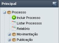 5. Processo Em processo é possível cadastrar, listar, editar e exibir um relatório. Para exibir os submenus de Processo, clique sobre o ícone. Figura 6 - Menu Processo. 5.