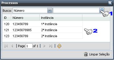 2 Lista de processos já cadastrados. Ao selecionar um processo é só clicar no botão adicionar ao lado do campo. 2 Lista com os processos apensos.