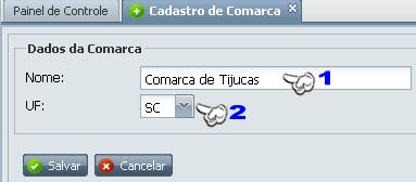 Logo, irá abrir, ao lado do menu, uma aba com o formulário de cadastro de Comarca. Aqui é necessário preencher o nome da comarca e o estado a qual ela pertence. 1 Informar o nome da comarca.