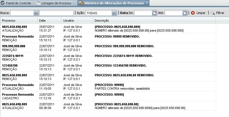 Figura 93 - Histórico de Alterações Nesta lista é possível filtrar as alterações por vários filtros.