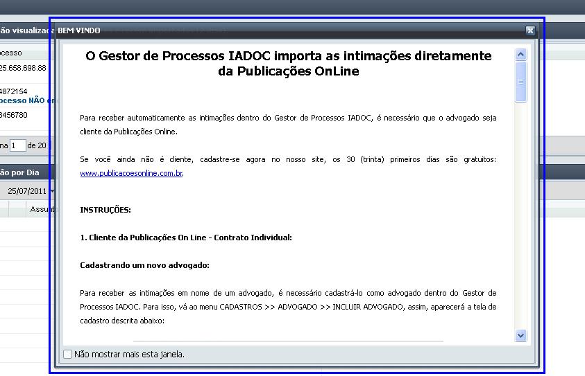 4. Tela Principal Ao entrar no IADoc, antes de tudo, será aberta uma janela com as informações de como importar as publicações diretamente da Publicações Online, de acordo com a figura abaixo.