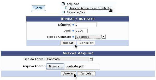 Na aba Geral, opção Contrato > Arquivos > Anexar Arquivos ao Contrato.