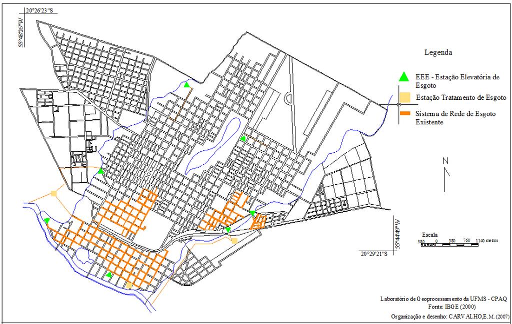 Figura 04: Mapa de localização da rede de coleta e estações de tratamento de esgoto da área urbana de Aquidauana-MS. Fonte: SANTOS, 2008 p.111.