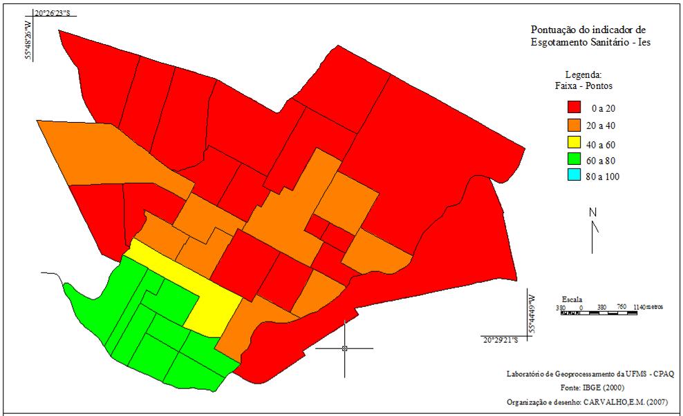 Figura 05. Espacialização do Resultado do Indicador de Esgotos Sanitários da área urbana de Aquidauana/MS Fonte: SANTOS, 2008 p.117.