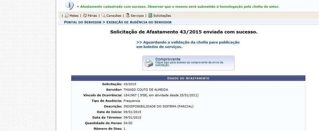 MENSAGEM DE CONFIRMAÇÃO PARA CADASTRO DO DOCUMENTO COMPROBATÓRIO