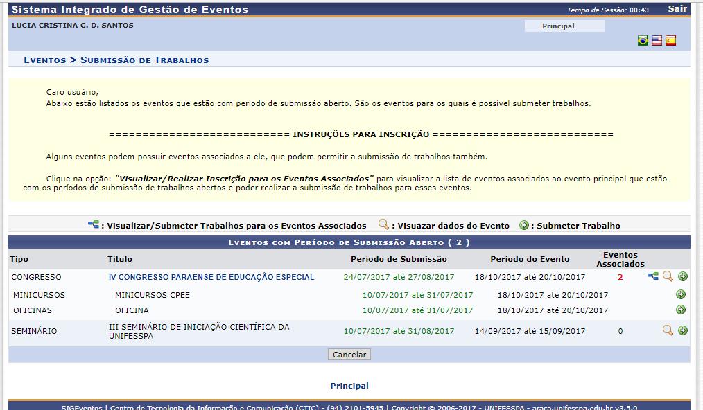 12º Passo: Escolha a modalidade de sua preferência (minicurso ou oficina), clique na setinha verde ao lado da modalidade.