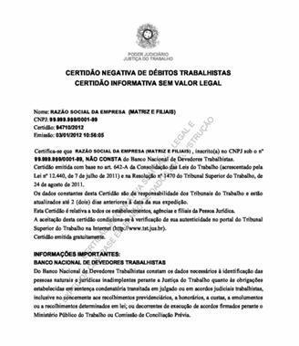 3. Certidão Negativa de Débitos Trabalhistas - CNDT, emitida pelo Tribunal Superior do Trabalho - TST [art.