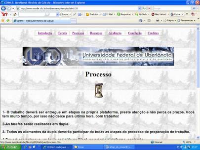 Figura 4: Introdução da Webquest: História do Cálculo A inclusão do MOODLE e do MODELLUS na disciplina de Cálculo iniciou se na primeira semana de aula do primeiro semestre de 2007, (de acordo com o