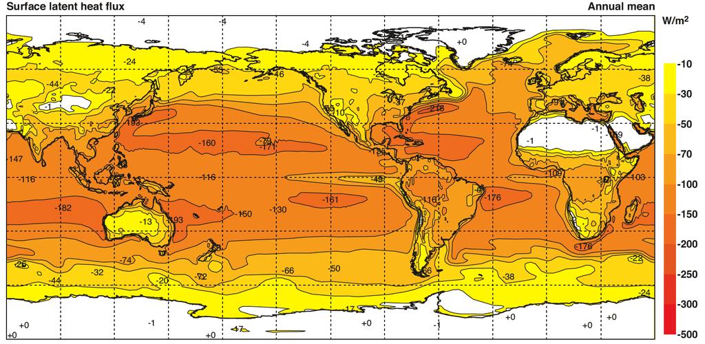 Distribuição geográfica do balanço de calor Q L com base na reanálise do ECMWF (40