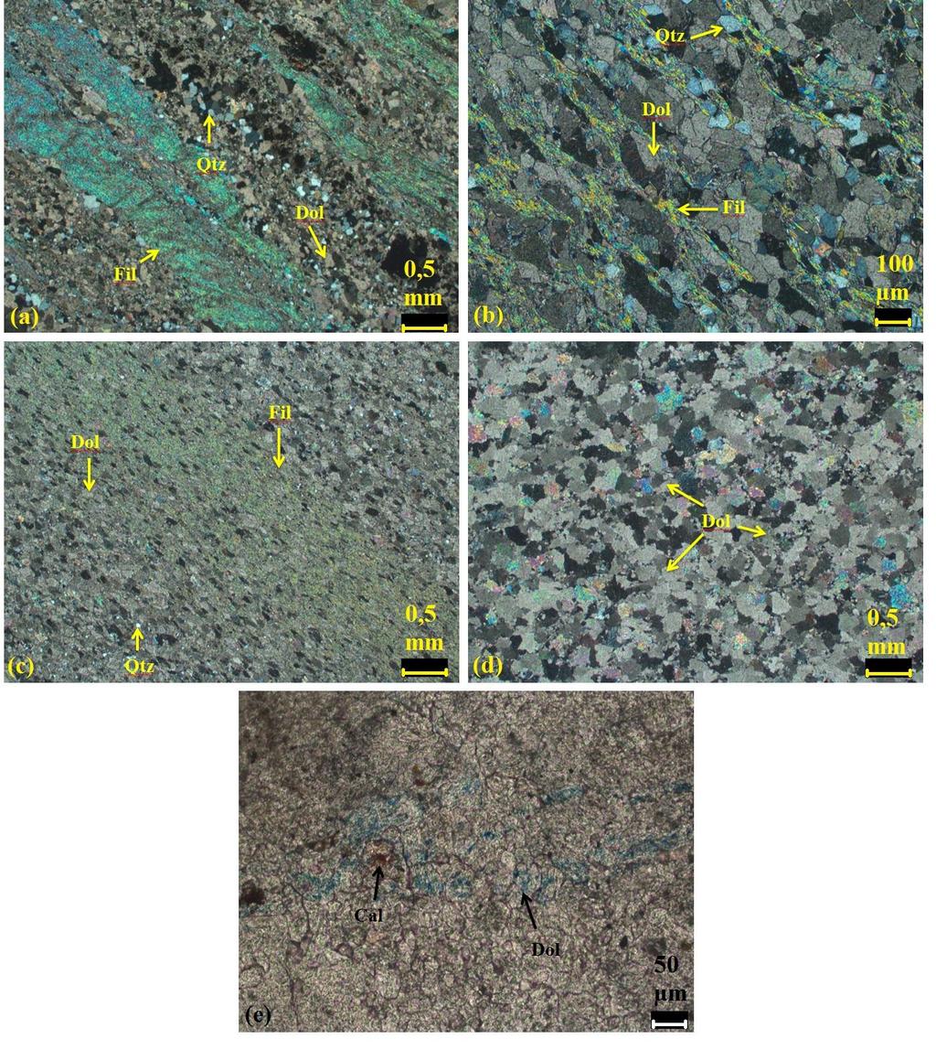 Figura 1 Lâminas das amostras A5 (a), A8 (b), A10-C (c) e A7 (d) mostrando grãos de quartzo (Qtz), filossilicatos (Fil) e dolomita (Dol).