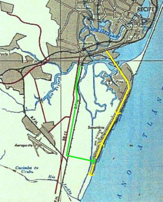 102 Figura 54: Vetores da urbanização do litoral sul recifense até os anos 1960 Fonte: Criação desta autora sobre planta dos anos 1950, publicada em IBGE (1958) residencial como revela a comparação