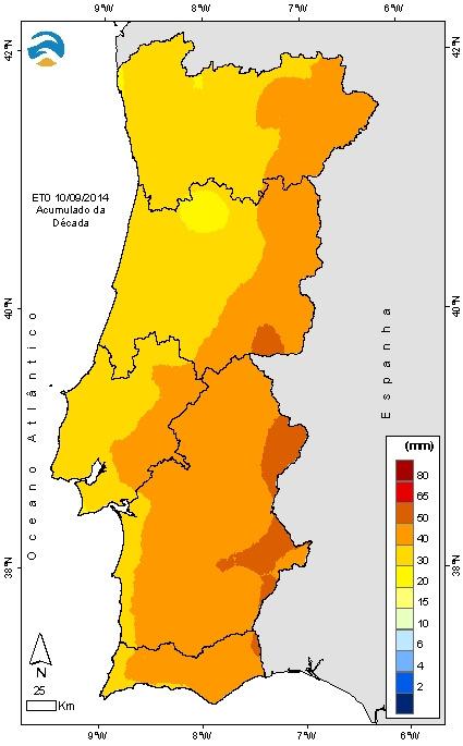 5 Evapotranspiração de referência (ET0) Na Figura 5 apresenta-se a distribuição espacial, por décadas, dos valores de evapotranspiração de referência (ET 0, Penman-Monteith) em setembro de 2014,