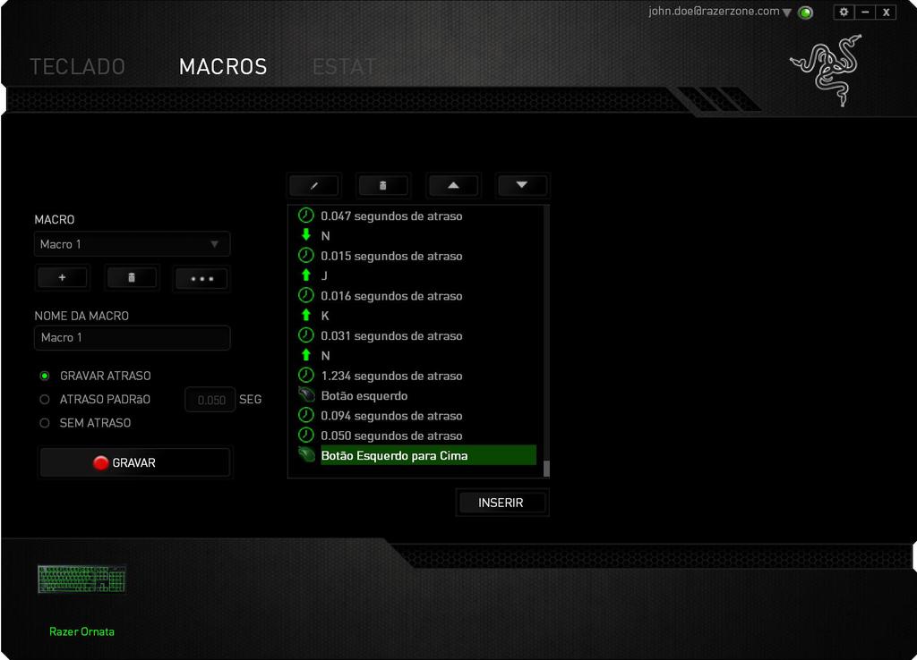 Após gravar uma macro, você pode editar os comandos inseridos selecionando cada comando na tela de macros.
