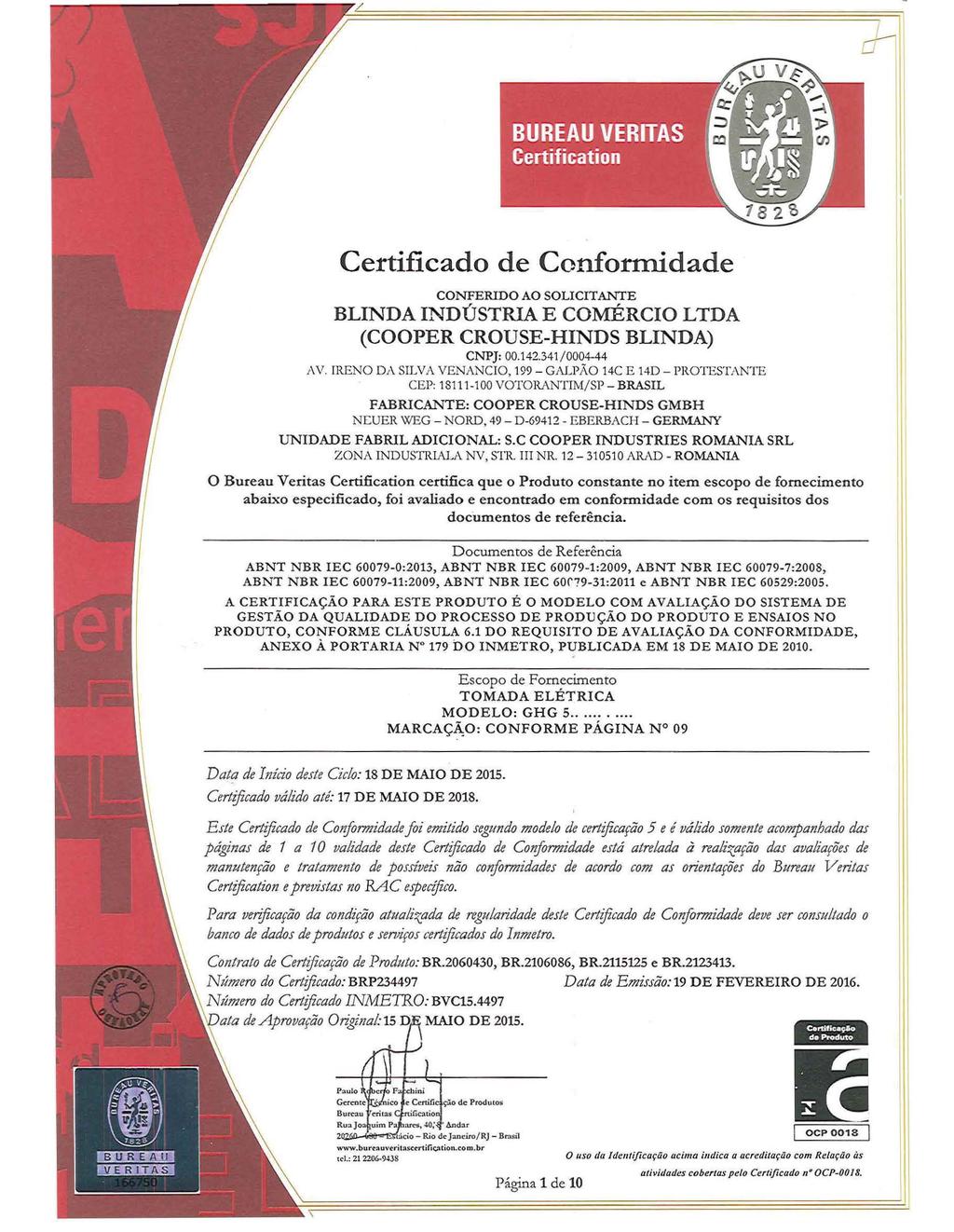 Certificad de Cnfrmidade CONFERIDO AO SOLICITANTE BLINDA INDÚSTRIA E COMÉRCIO LTDA (COOPER CROUSE-HINDS BLINDA) CNPJ: 00.142.341 I 0004-44 AV.
