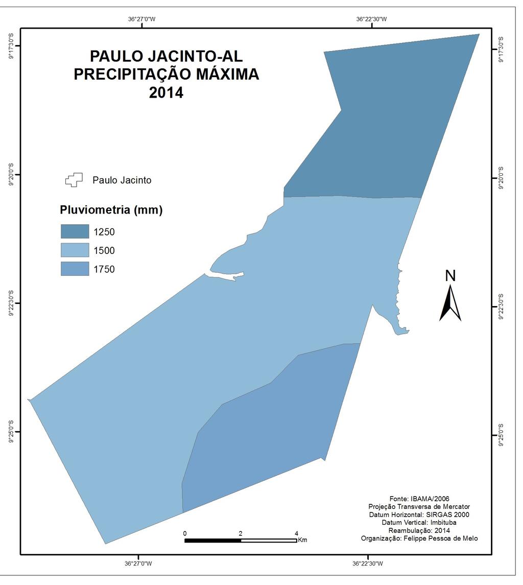 248 MELO Figura 7. Precipitações. (Fonte: IBAMA/2006). 10,35% do território de Paulo Jacinto apresentam condições favoráveis à agricultura (Figura 10), devido à boa fertilidade dos solos (Figura 11).