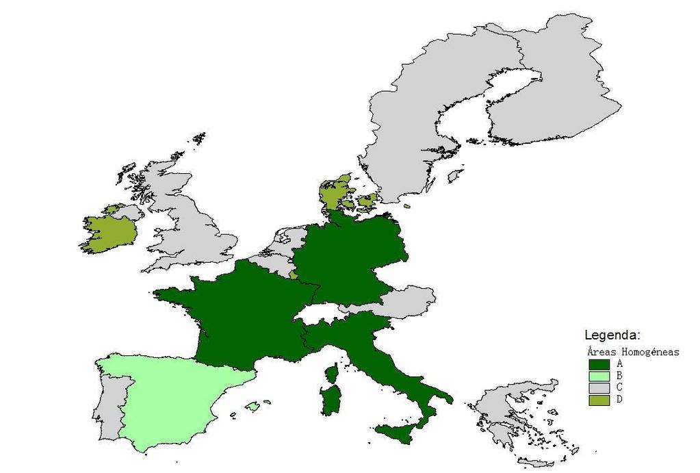 Figura 2 Áreas Homogéneas resultantes da metodologia K-means, NUTS I Fonte: GISCO, Eurostat, 2004 As quatro agregações previamente escolhidas para a análise k-means, traduzem um conjunto de áreas