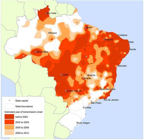 Aplicações Caracterizar a distribuição geográfica e temporal das doenças Investigar o padrão espacial e temporal da recente expansão da transmissão da dengue no Brasil (2001-2012) Expansão da