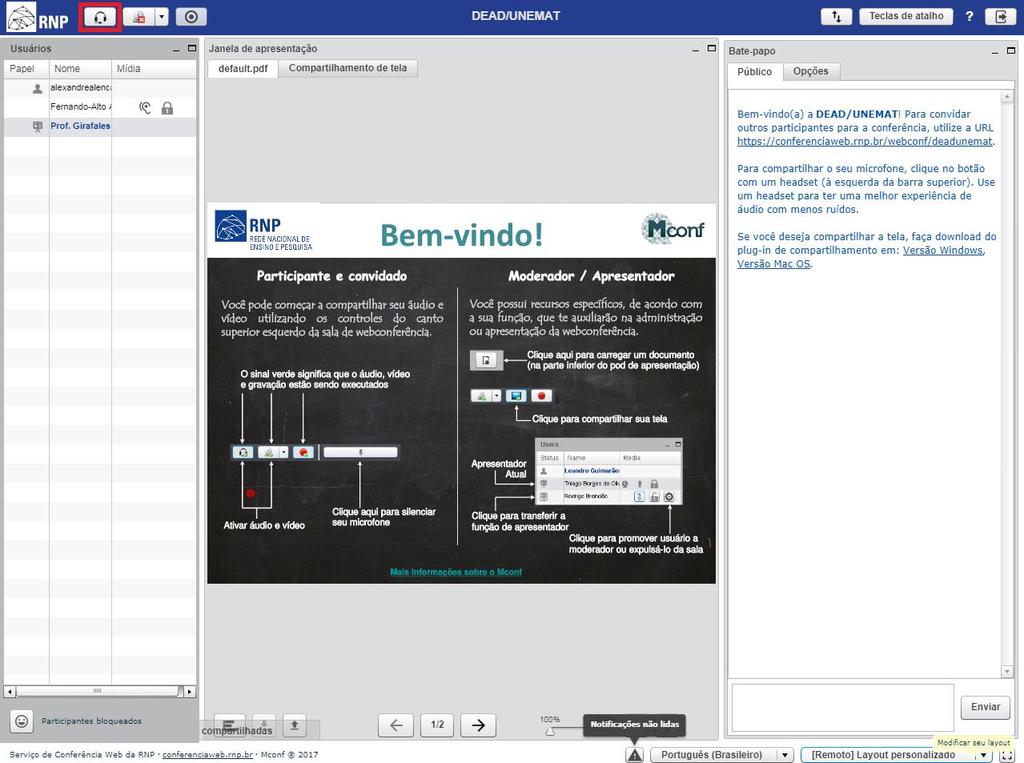 Figura 11 - Tela exibida após o login na sala de Conferência Web As funções que podem ser exercidas nas salas de Conferência Web são: O moderador é o Técnico de