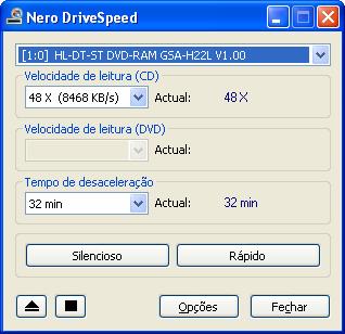 Nero DriveSpeed 4 Nero DriveSpeed Depois de abrir o Nero DriveSpeed conforme descrito no capítulo "Iniciar o programa", é apresentado o ecrã do Nero DriveSpeed. Fig.