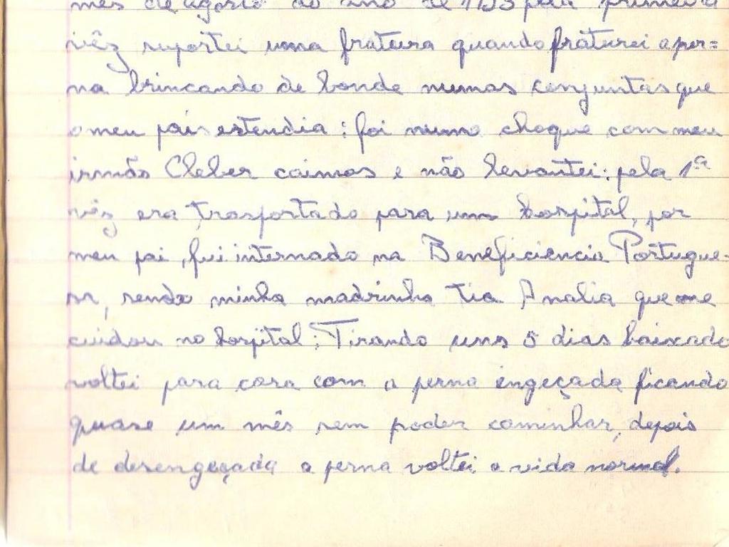 fratura quando fraturei a perna brincando de bonde numas conjuntas que meu pai estendia: foi um choque com meu irmão Cleber caímos e não levantei: pela 1ª vez era transportado para um hospital, por