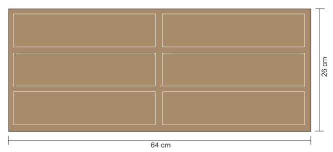 Com as folhas abertas, obtêm-se um retângulo de 64 cm de comprimento por 26 de largura, sendo essas dimensões a serem consideradas quando do momento de fabricação do molde metálico para ser prensado