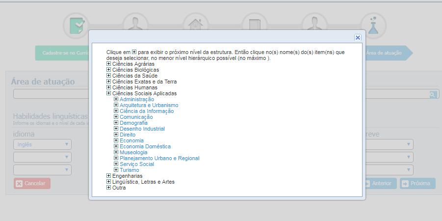 CADASTRAR NOVO CURRÍCULO: ÁREA DE ATUAÇÃO Clique