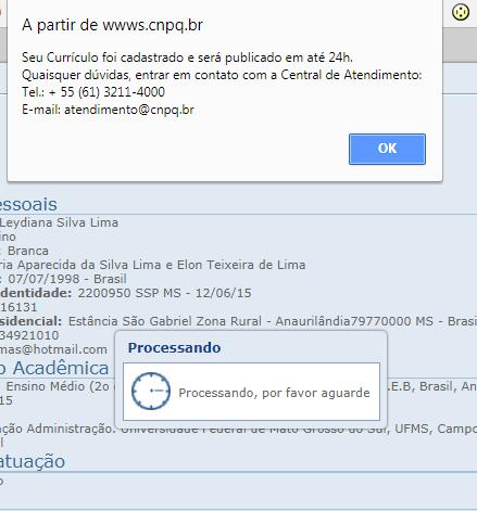 CADASTRAR NOVO CURRÍCULO: Finalizado o processo de cadastro, o