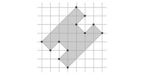 5) Calcule a área pintada de cinza na figura abaixo, sabendo que cada quadradinho tem 1 cm² e que as linhas inclinadas dividem os quadradinhos ao meio. Resposta: 20 cm².