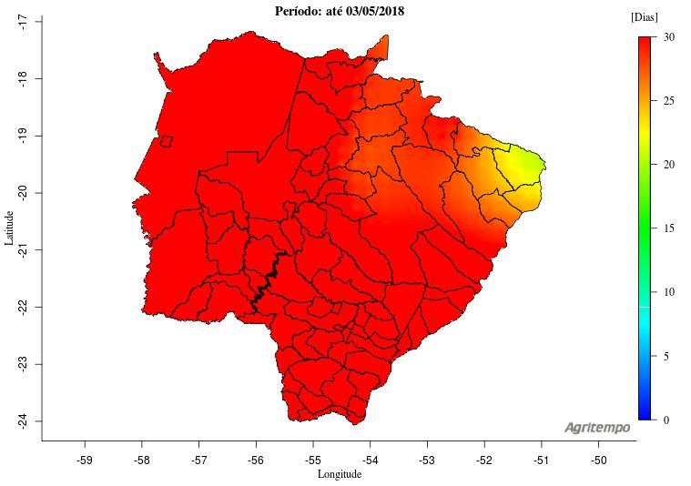 De acordo com o modelo Agritempo (Sistema de Monitoramento Agro Meteorológico), nas regiões representadas pela coloração verde (Figura 01), em um período até 03/05/2018, existe 20