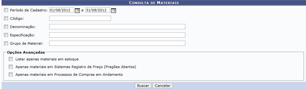 Consultar Material Um filtro de busca de materiais