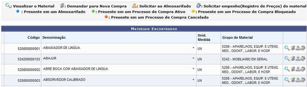 Após efetuar a busca uma relação de materiais será exibida: