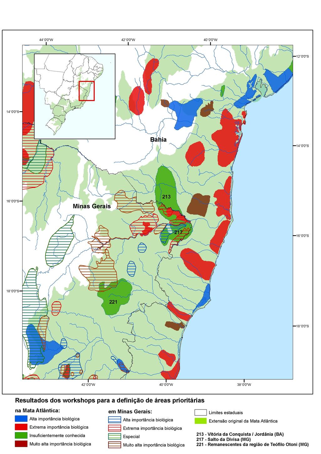 FIGURA 2 Áreas prioritárias para a conservação da biodiversidade na Mata Atlântica, definidas pelo Probio-MMA, em 1999 (CIB, 2000), sobrepostas às áreas para a conservação da