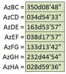 3ª. Questão (1,5 pontos): Calcule os azimutes de todos os trechos da figura abaixo, considerando que o sentido de fechamento da poligonal é ABCDEFGHA: F D 626,3206 m 85,071 577,1704 m 399,9090 m