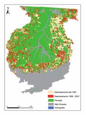 mudanças ClimátiCas FiGuRA 4 Histórico de desmatamento (em amarelo) na cabeceira do Xingu entre 1997 e 2007. Floresta em verde e Cerrado em cinza. Stickler, C. (dados não publicados).