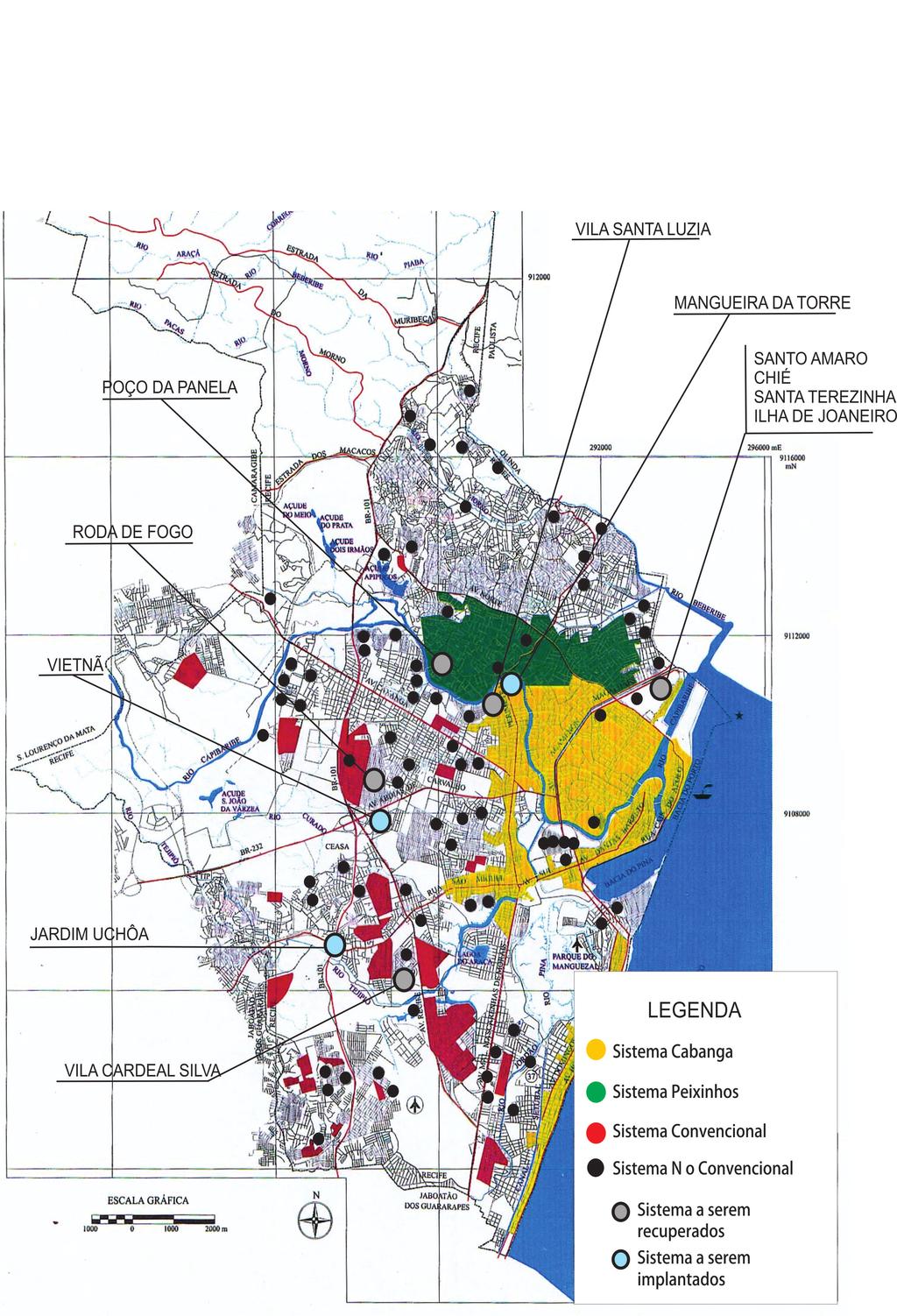 Esquema histórico dos SES de Recife/PE Mapa de Localização dos SES de Recife/PE 1908-1915 : Saturnino (área centralabordagem integrada e inclusiva) ETE Cabanga, 115Km de rede, 09 EE.
