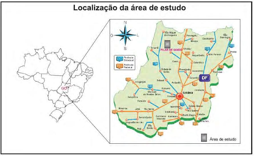 1.3 Localização A área de estudo está situada entre as cidades de Pilar de Goiás e Santa Terezinha (porção noroeste do Estado de Goiás), inserida nos distritos de Luzelândia e Cedrolina, pertencentes