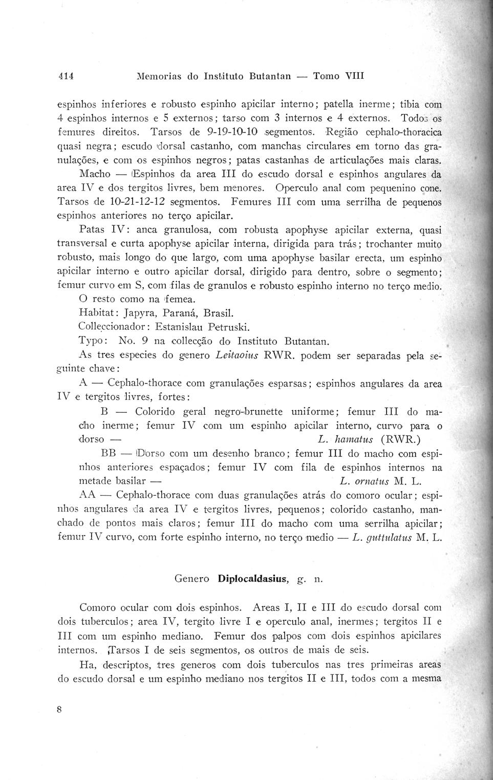 414 Memorias do Instituto Butantan Tomo VIII espinhos inferiores e robusto espinho apicilar interno ; patella inerme ; tibia com 4 espinhos internos e 5 externos ; tarso com 3 internos e 4 externos.