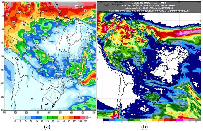 Os modelos divergem na previsão de precipitação para as regiões Sul e Sudeste.