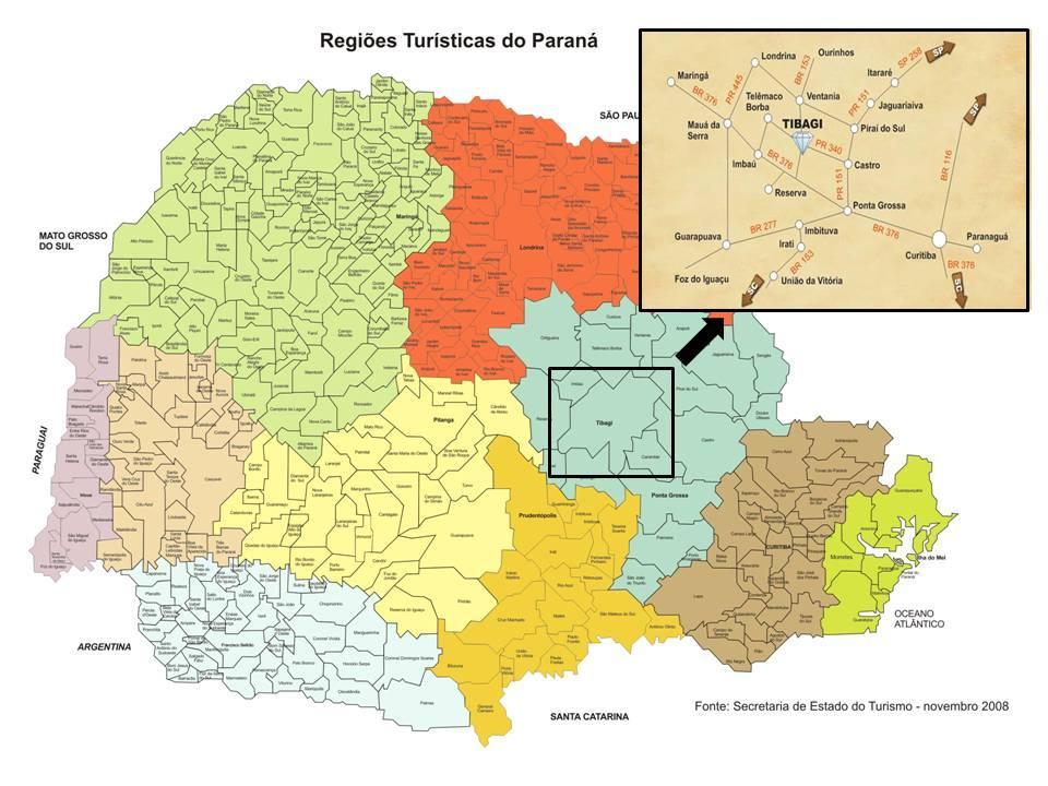 Figura 01: Localização e acesso á cidade de Tibagi-PR. Fonte: Secretaria de Estado do Turismo (Nov. 2008) e Prefeitura Municipal de Tibagi, Secretaria de Turismo (Maio. 2013). 2 RELATÓRIO TÉCNICO 2.