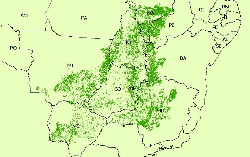 Figura 1: Áreas desmatadas no bioma Cerrado e os principais blocos remanescentes de vegetação nativa (Rezende & Guimarães, 2007).